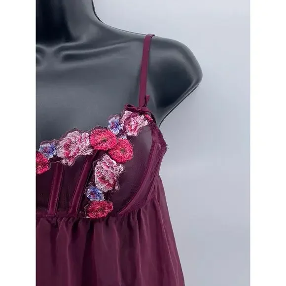 VICTORIA'S SECRET Women's Burgundy Floral Mesh Spaghetti Strap Night Gown SZ XS - Picture 5 of 11